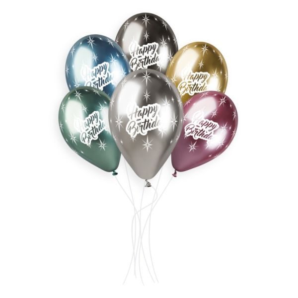 Балони с печат „Happy Birthday“ хром 13′-25бр.