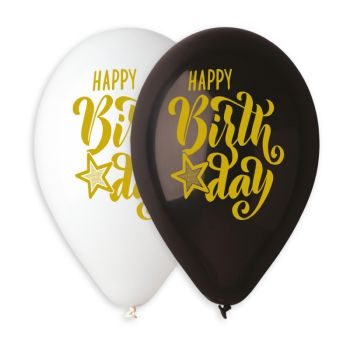 Балони с печат „Happy Birthday бели и черни със златен печат“ 13′-50бр.