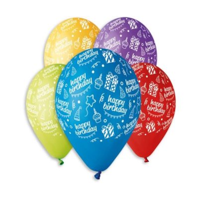 Балони с печат “ Happy Birthday-микс с шапки, гирлянди и подаръци“ 12′-100бр.