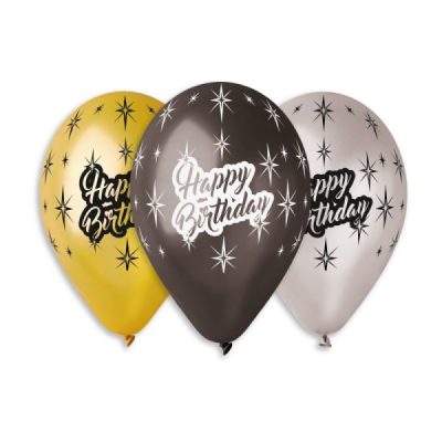 Балони с печат „Happy Birthday-златни, сребърни и черни“ 11′-100бр.