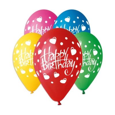 Балони с печат „Happy Birthday-сърца“ 12′-100бр.