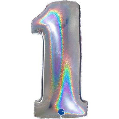 Балон „Цифра 1“ 40′. цвят: сребро-глитер -1бр. в оп.
