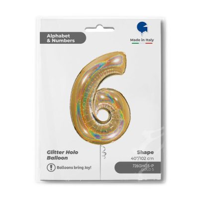 Балон „Цифра 6“ 40′  цвят: злато-глитер -1бр. в оп.