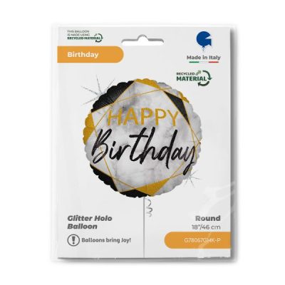 Балон „Happy Birthday-мрамор“ 18′ черен -1бр. в оп.
